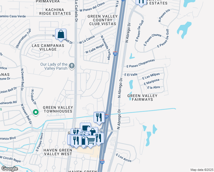 map of restaurants, bars, coffee shops, grocery stores, and more near 418 North Calle Del Chancero in Green Valley