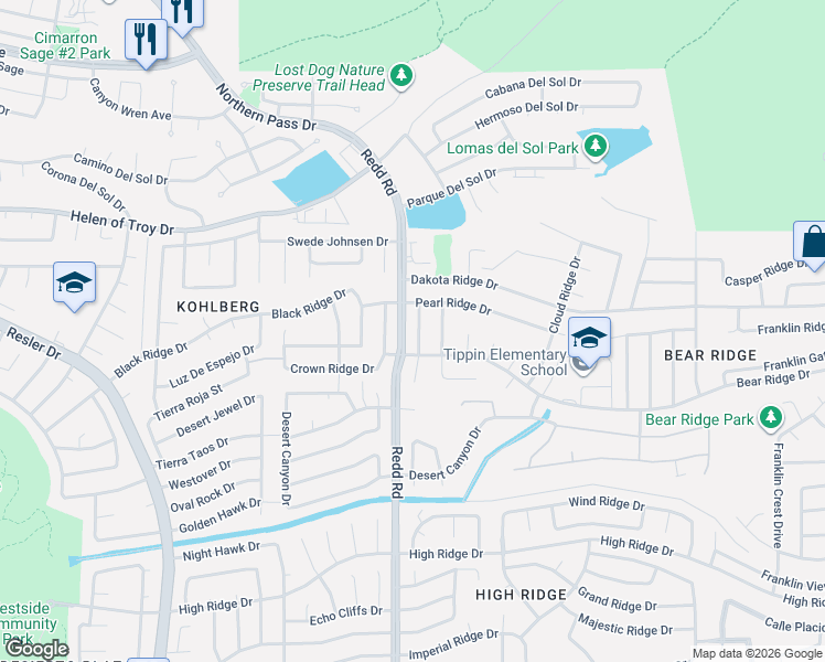 map of restaurants, bars, coffee shops, grocery stores, and more near 1421 Rainbow Ridge Drive in El Paso