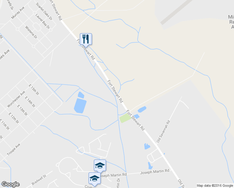 map of restaurants, bars, coffee shops, grocery stores, and more near Fort Stewart Rd in Hinesville