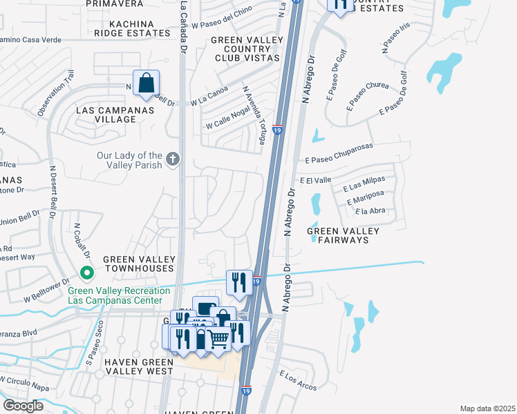 map of restaurants, bars, coffee shops, grocery stores, and more near 418 North Calle Del Chancero in Green Valley
