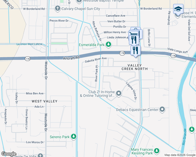 map of restaurants, bars, coffee shops, grocery stores, and more near 6120 River Park Court in El Paso