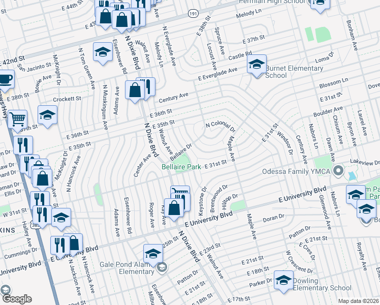 map of restaurants, bars, coffee shops, grocery stores, and more near 2703 Redwood Drive in Odessa