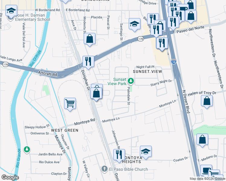 map of restaurants, bars, coffee shops, grocery stores, and more near 6069 Camden Lake Street in El Paso