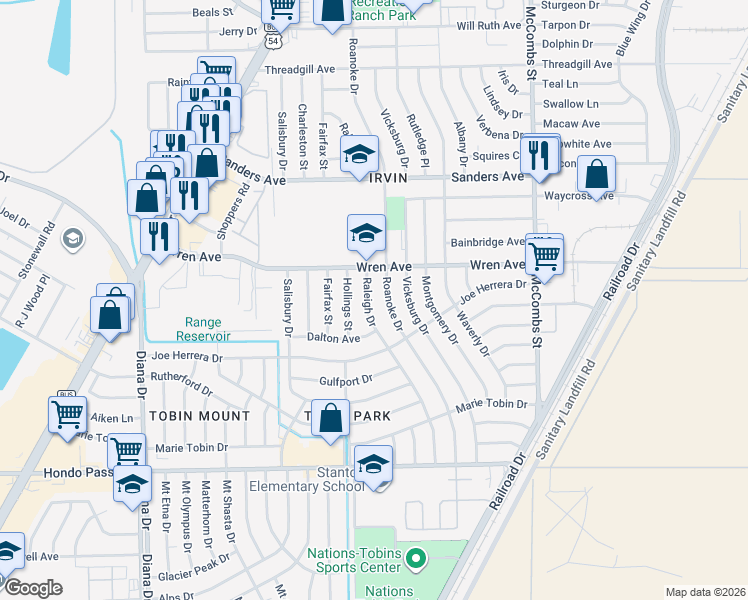 map of restaurants, bars, coffee shops, grocery stores, and more near 9323 Roanoke Drive in El Paso