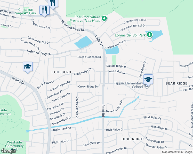 map of restaurants, bars, coffee shops, grocery stores, and more near 1424 Black Ridge Drive in El Paso