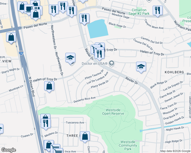 map of restaurants, bars, coffee shops, grocery stores, and more near 7445 Plaza Taurina Drive in El Paso