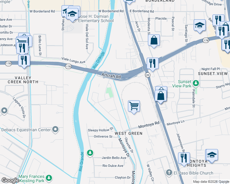 map of restaurants, bars, coffee shops, grocery stores, and more near 6046 Oleaster Dr in El Paso