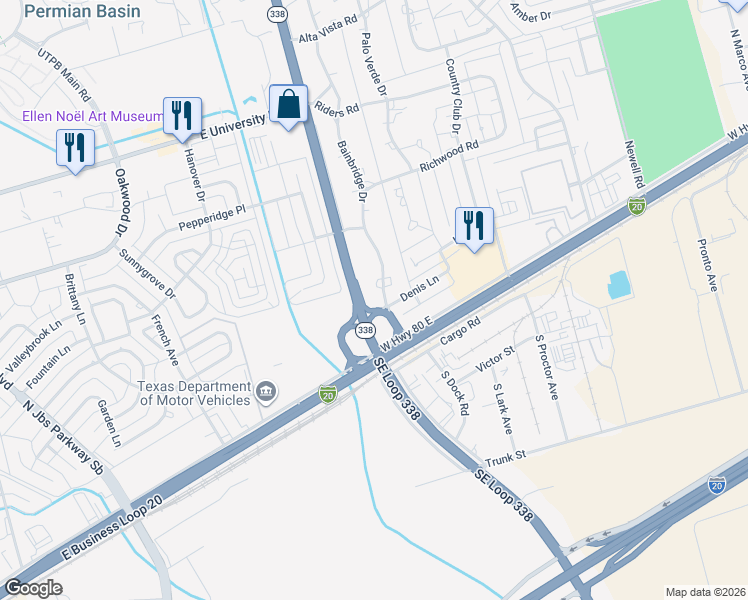 map of restaurants, bars, coffee shops, grocery stores, and more near 2305 Bainbridge Drive in Odessa