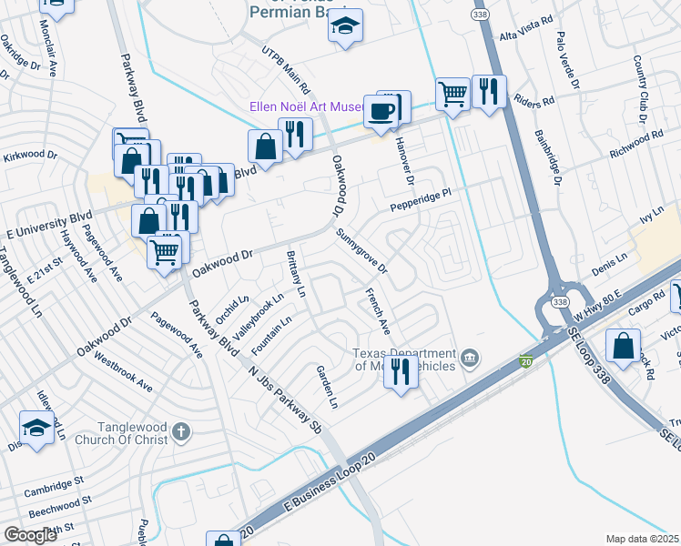 map of restaurants, bars, coffee shops, grocery stores, and more near 1407 French Avenue in Odessa