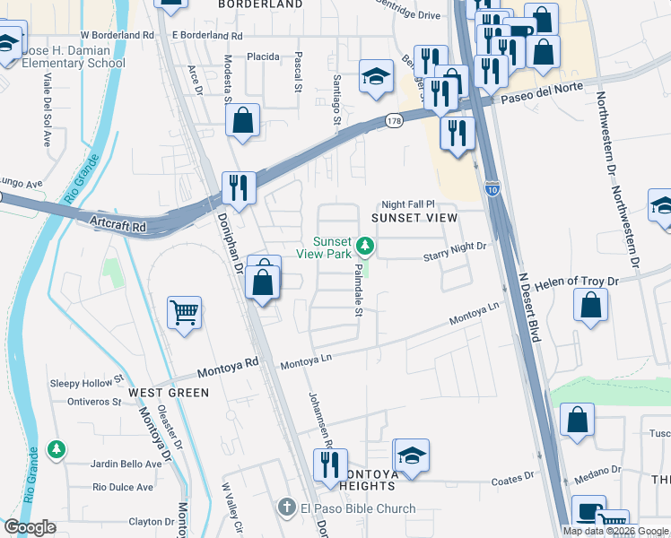map of restaurants, bars, coffee shops, grocery stores, and more near 241 Ferinand Court in El Paso