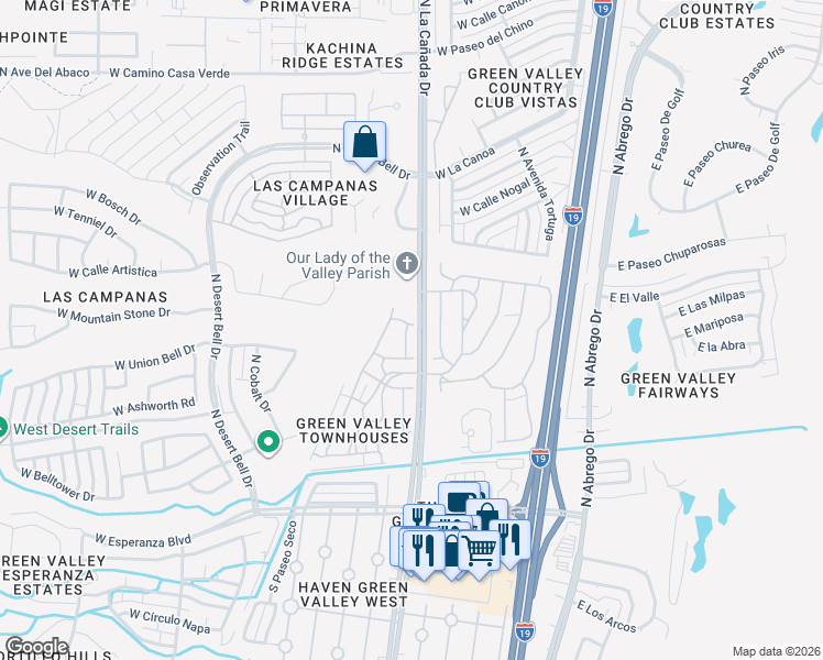map of restaurants, bars, coffee shops, grocery stores, and more near 432 Calle De Lumbre in Green Valley