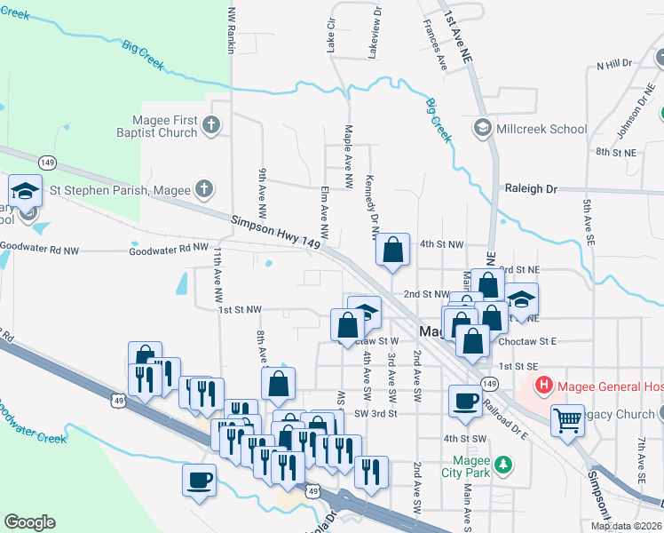 map of restaurants, bars, coffee shops, grocery stores, and more near 603 3rd Avenue Northwest in Magee