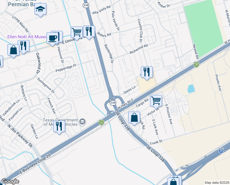 map of restaurants, bars, coffee shops, grocery stores, and more near 2305 Bainbridge Drive in Odessa