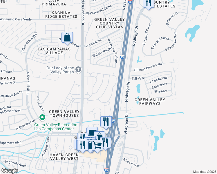 map of restaurants, bars, coffee shops, grocery stores, and more near 424 N Calle De Las Profetas in Green Valley