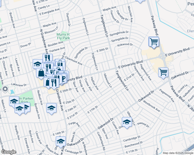 map of restaurants, bars, coffee shops, grocery stores, and more near 2683 E 25th St in Odessa
