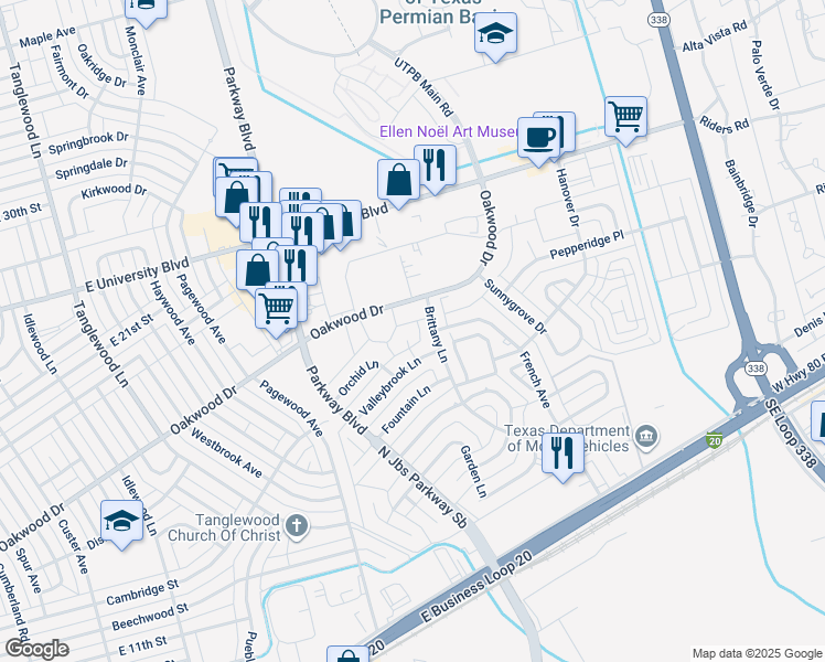 map of restaurants, bars, coffee shops, grocery stores, and more near 1448 Innsbrook Circle in Odessa