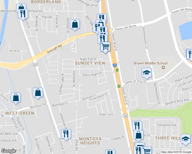 map of restaurants, bars, coffee shops, grocery stores, and more near 6129 Daybreak Drive in El Paso