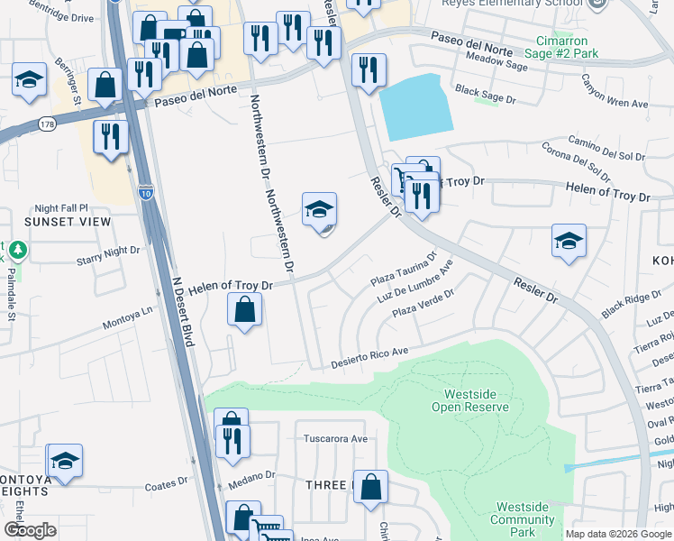 map of restaurants, bars, coffee shops, grocery stores, and more near 7461 Plaza Redonda Drive in El Paso