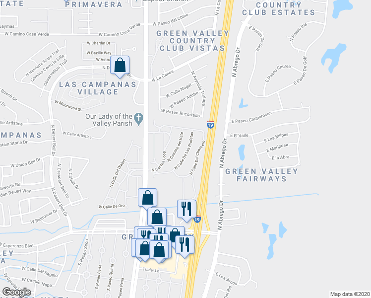 map of restaurants, bars, coffee shops, grocery stores, and more near 424 North Calle De Las Profetas in Green Valley