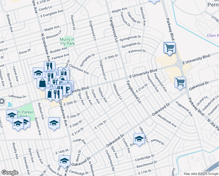 map of restaurants, bars, coffee shops, grocery stores, and more near 2683 E 25th St in Odessa