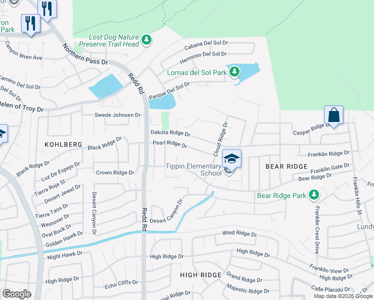 map of restaurants, bars, coffee shops, grocery stores, and more near 6732 Pearl Ridge Drive in El Paso