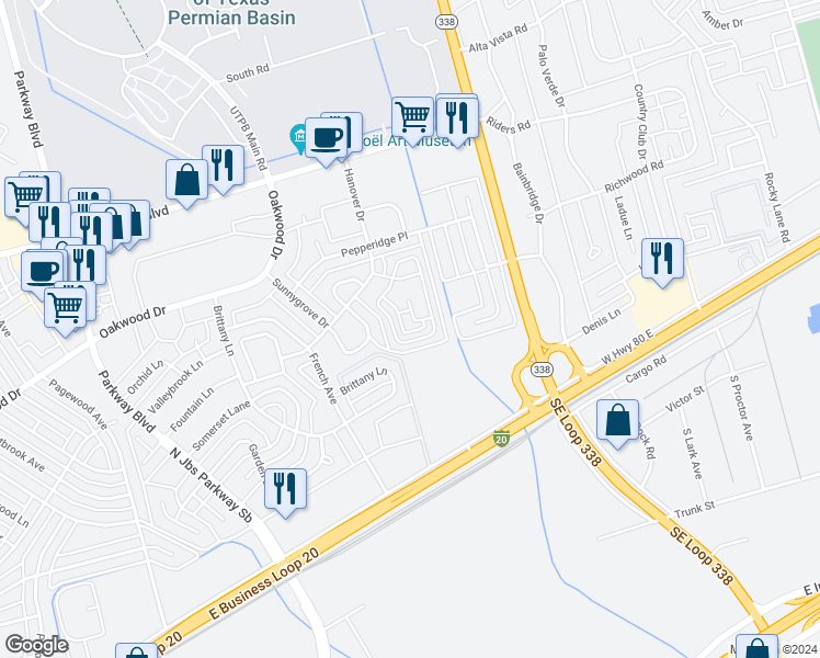 map of restaurants, bars, coffee shops, grocery stores, and more near 112 Partridge Park in Odessa