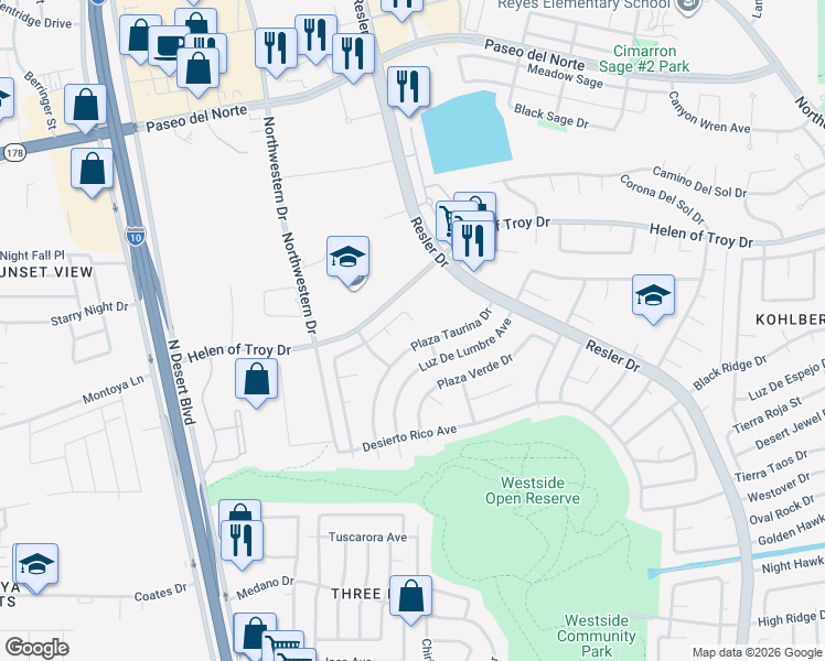 map of restaurants, bars, coffee shops, grocery stores, and more near 7405 Plaza Redonda Dr in El Paso