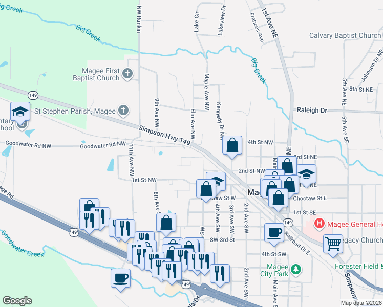 map of restaurants, bars, coffee shops, grocery stores, and more near 600 Goodwater Road Northwest in Magee