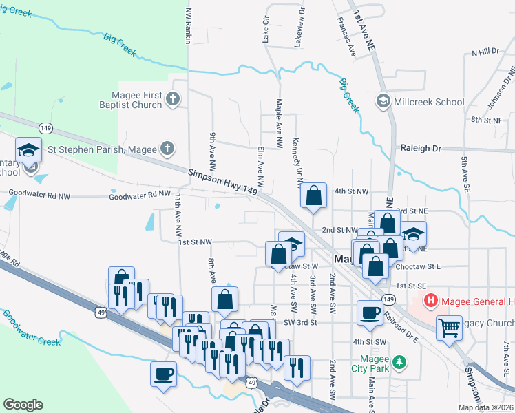 map of restaurants, bars, coffee shops, grocery stores, and more near 603 3rd Avenue Northwest in Magee
