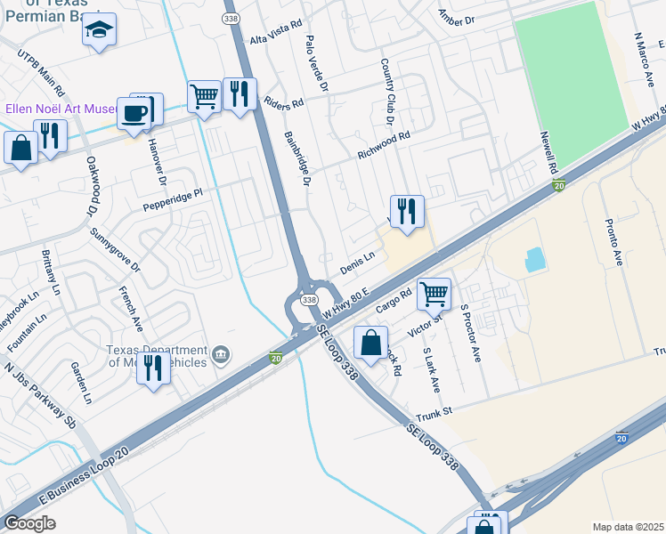 map of restaurants, bars, coffee shops, grocery stores, and more near 2304 Bainbridge Drive in Odessa