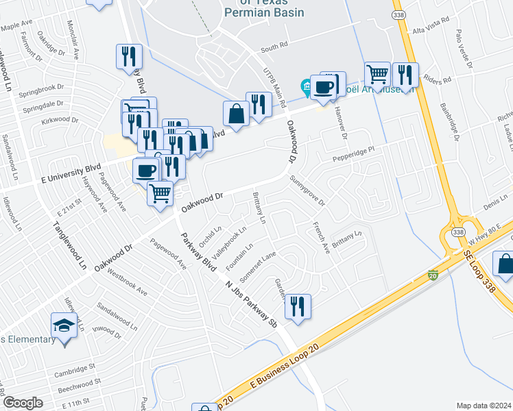 map of restaurants, bars, coffee shops, grocery stores, and more near 1449 Brittany Lane in Odessa
