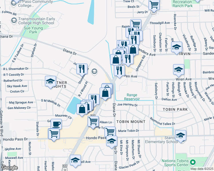 map of restaurants, bars, coffee shops, grocery stores, and more near 9345 Dyer Street in El Paso