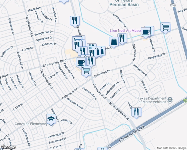 map of restaurants, bars, coffee shops, grocery stores, and more near 4601 Oakwood Drive in Odessa