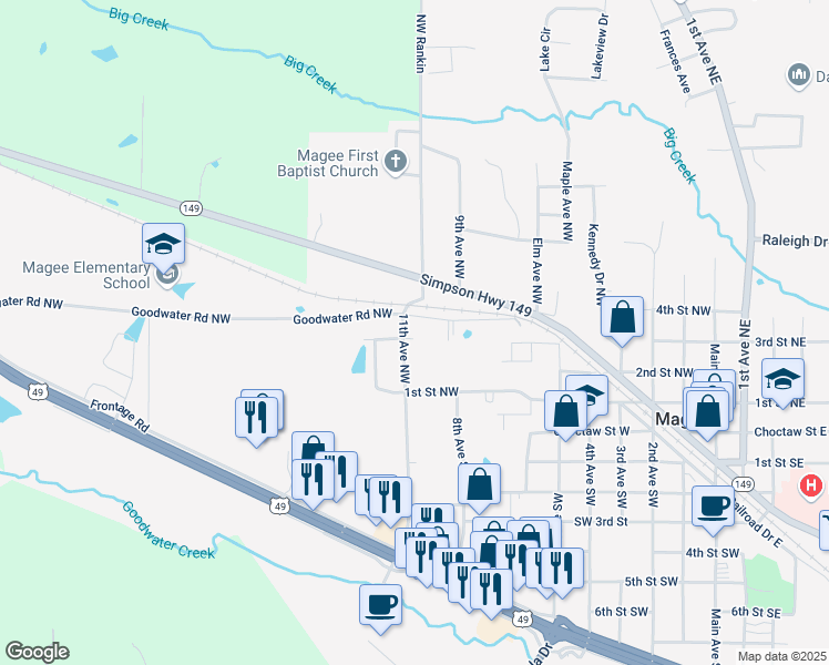 map of restaurants, bars, coffee shops, grocery stores, and more near 723 Charles Street Northwest in Magee