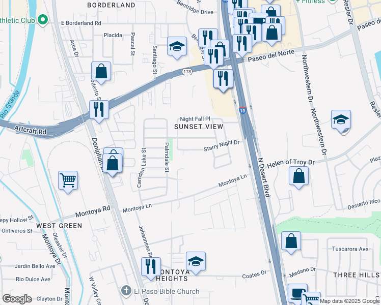 map of restaurants, bars, coffee shops, grocery stores, and more near 7970 Starry Night Drive in El Paso