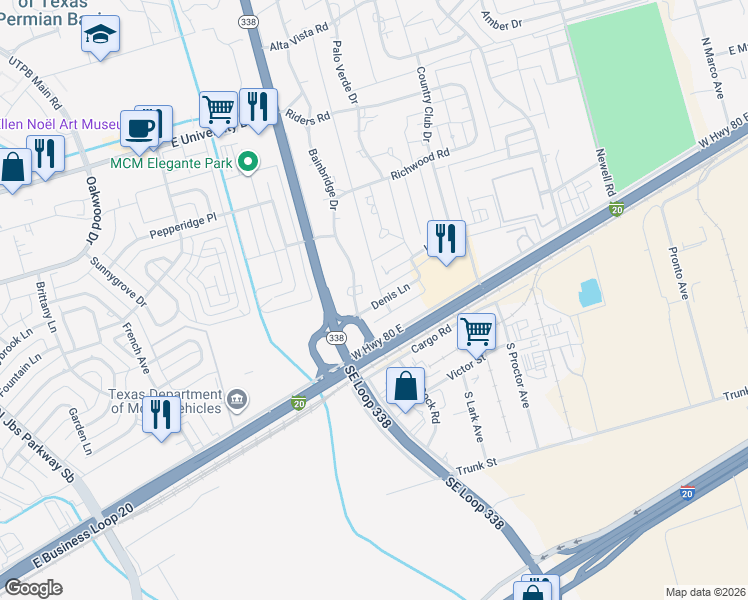 map of restaurants, bars, coffee shops, grocery stores, and more near 6117 Denis Lane in Odessa