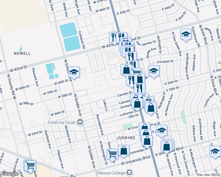 map of restaurants, bars, coffee shops, grocery stores, and more near 99 Tropicana Avenue in Odessa