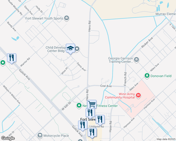 map of restaurants, bars, coffee shops, grocery stores, and more near Hero Road in Fort Stewart