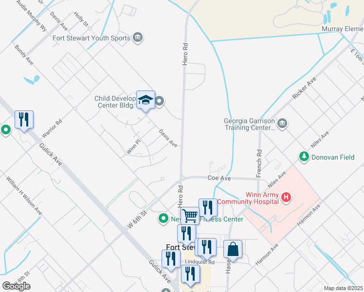 map of restaurants, bars, coffee shops, grocery stores, and more near Hero Road in Fort Stewart