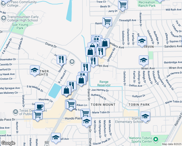 map of restaurants, bars, coffee shops, grocery stores, and more near 9347 U.S. 54 Business in El Paso