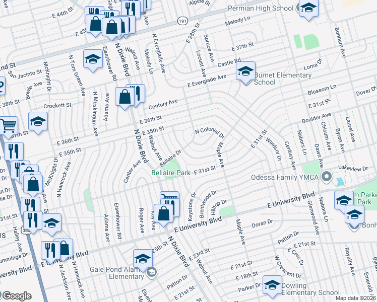 map of restaurants, bars, coffee shops, grocery stores, and more near 2703 Redwood Drive in Odessa