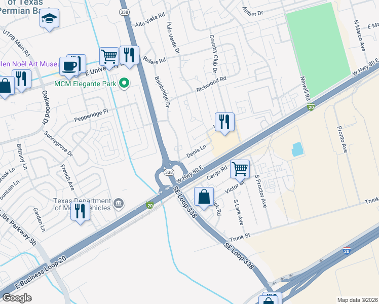 map of restaurants, bars, coffee shops, grocery stores, and more near 6117 Denis Lane in Odessa