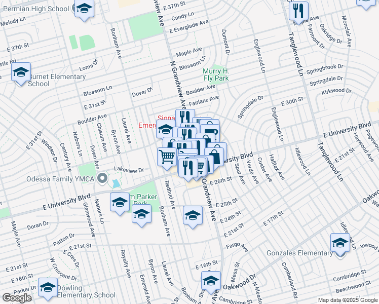 map of restaurants, bars, coffee shops, grocery stores, and more near 2851 North Grandview Avenue in Odessa