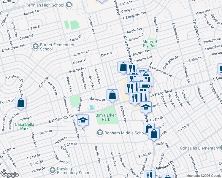 map of restaurants, bars, coffee shops, grocery stores, and more near 2807 Redbud Avenue in Odessa