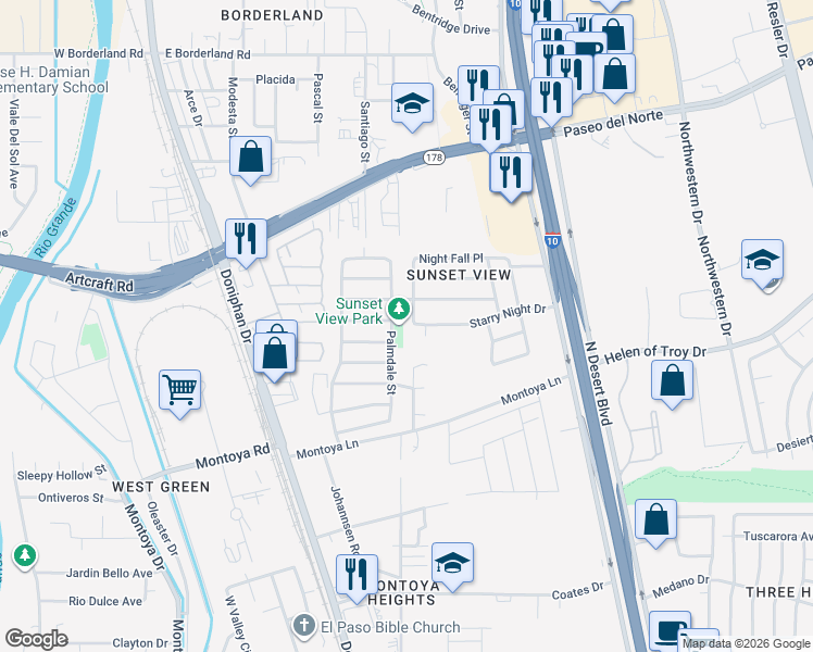 map of restaurants, bars, coffee shops, grocery stores, and more near 6125 Night Fall Place in El Paso