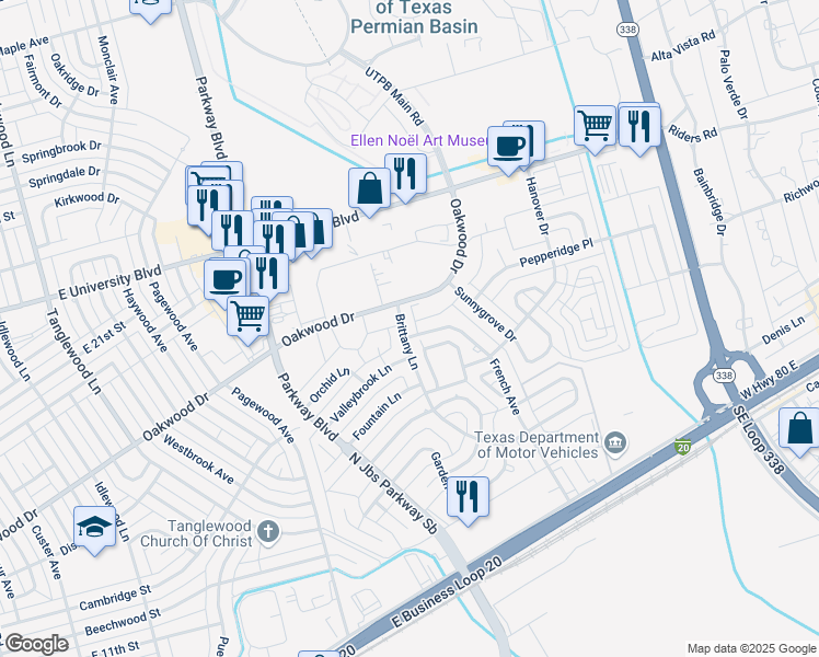 map of restaurants, bars, coffee shops, grocery stores, and more near 1413 French Avenue in Odessa