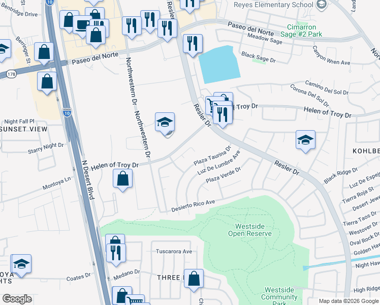 map of restaurants, bars, coffee shops, grocery stores, and more near 7405 Plaza Redonda Drive in El Paso