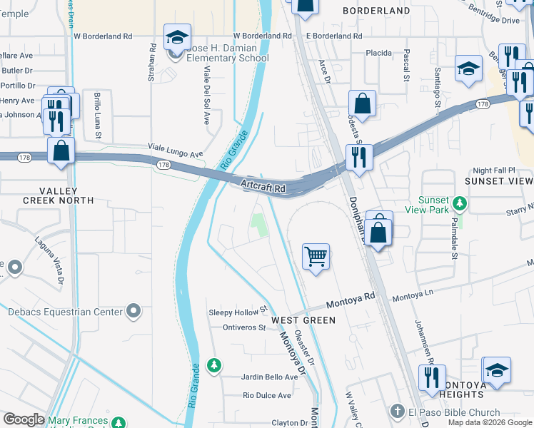map of restaurants, bars, coffee shops, grocery stores, and more near 6046 Oleaster Dr in El Paso