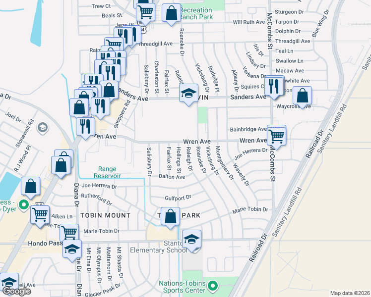 map of restaurants, bars, coffee shops, grocery stores, and more near 9319 Hollings Street in El Paso