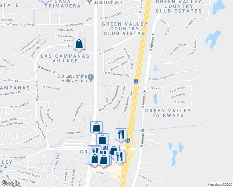 map of restaurants, bars, coffee shops, grocery stores, and more near 311 North Camino del Vate in Green Valley